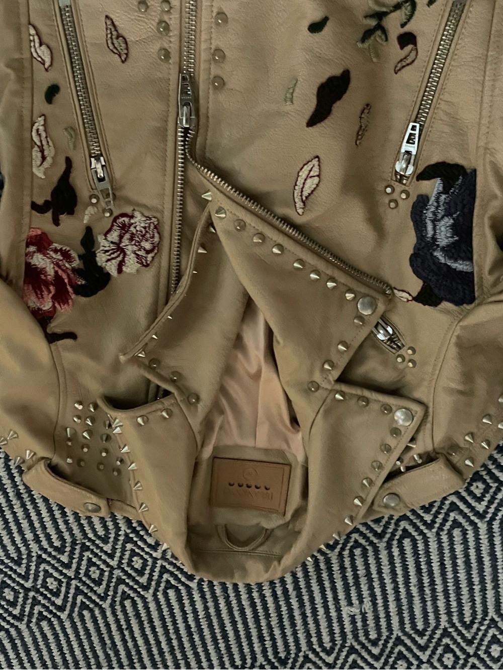 Blank Nyc Beige Studded Leather Moto Jacket With Floral Embroidery